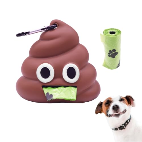 Dog Poop Bag Holder for Leash With Carabiner Clip, Dispenser Includes 15 Waste Bags Roll, Funny Silicone Holder
