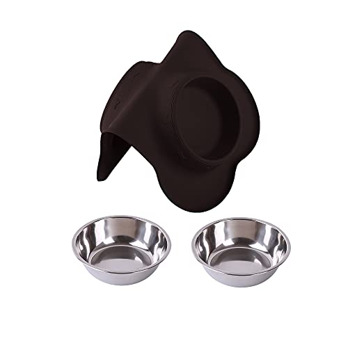 Hubulk Pet Dog Bowls 2 Stainless Steel Dog Bowl with No Spill Non-Skid Silicone Mat + Pet Food Scoop Water and Food Feeder Bowls for Feeding Small Medium Large Dogs Cats Puppies (Medium, Chocolate) - color: Chocolate, size: Medium