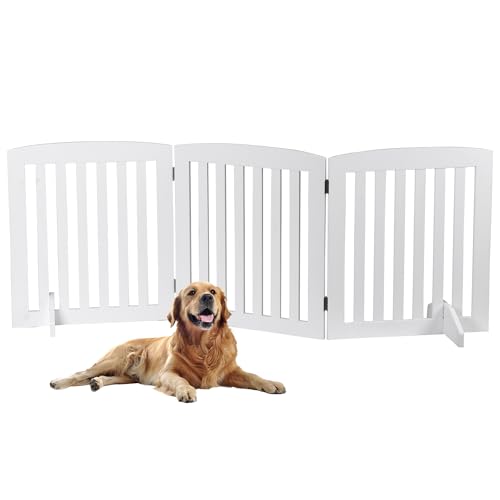 24 Inch Freestanding Indoor Retractable Dog Gate Pet Gate for Stairs, Hallways or Doorways 3 Panels Indoor Foldable Puppy Dog Fence Wooden Safety Fence, White - color: White, size: 3 Panel 24"H
