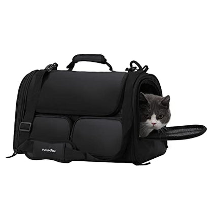 FUKUMARU Cat Carrier, 4 Mesh Windows Small Dog Carrier, 4 Storage Pockets Cat Travel Bag, Under 15 lb Airline Approved Pet Carrier, Rollable Cover for Nervous Cats, Black - color: Black