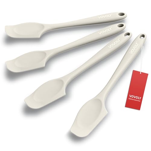 Silicone Mini Spatulas, Curved Small Spatula with Shallow Bowl for Kitchen, Seamless Jar Scraper for Cooking Baking, Wet Pet Food Spatula, 8.2 IN, 4 Pack, Khaki - color: Khaki