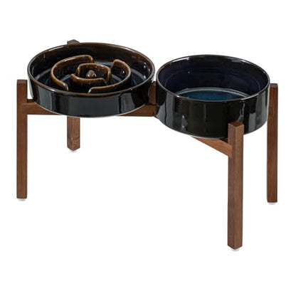 Havniva 1.6 Cup Elevated Slow Feeder Dog Bowls, 8.2” Dog Slow Feeding Bowls + 7.3” Ceramic Dog Water Bowls Set with Acacia Wood Stand Dog Food Bowls Puzzle Feeder for Medium Dogs Non-Slip Anti-choking - color: 2 x Starry Sky + Stand - A, size: L- 8.2inch