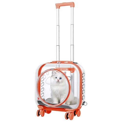 Portable Pet Carrier Trolley Box - Ventilated PC Travel Carrier with Silent Shock-Absorbing Wheels, Telescopic Handle for Cats, Small Dogs, Puppies - Outdoor Hiking, Camping, Car & Airline A - color: Orange