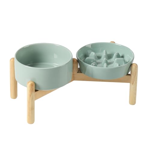Havniva 6.1” Raised Slow Feeder Dog Bowls Set, 0.9 Cups Ceramic Slow Feeder Dog Bowl and 6.1” Dog Water Bowl with Elevated Wooden Stand Puzzle Dog Food Bowl for Small Dogs Anti-Gulping & Anti-Choking - color: 2 x Light Green+Stand-C, size: 6.1inch