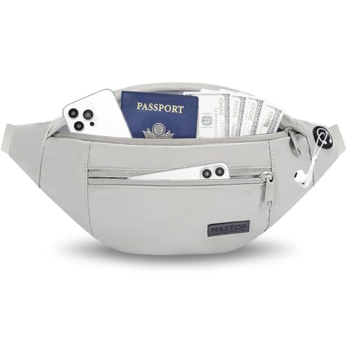 MAXTOP Large Crossbody Fanny Pack with 4-Zipper Pockets,Gifts for Enjoy Sports Festival Workout Traveling Running Casual Hands-Free Wallets Waist Pack Phone Bag Carrying All Phones - color: Cloud Grey(Washed Nylon with Silver Metal Zipper), style: Large F