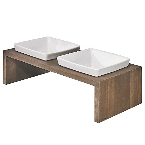 Bowsers Artisan Diner Double Dog Feeder - Handcrafted Rubberwood Frame with Square Ceramic Bowls Feeder for Dogs - Walnut, Medium, 22" x 10" x 6" - color: Walnut, size: Medium