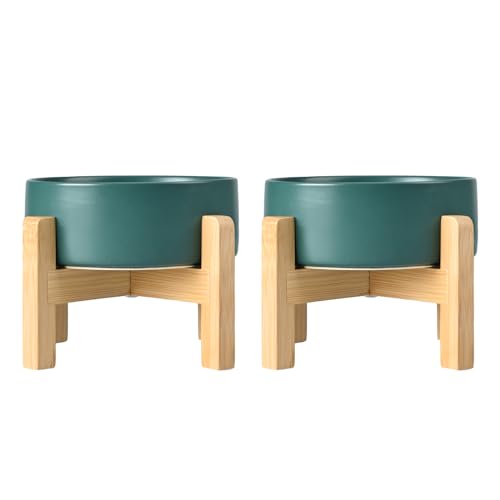 SPUNKYJUNKY Ceramic Elevated Dog Bowls 2 Pack - 8.3inch Raised Dog Bowls with Non-Slip Wooden Stand for Large Dogs Dishwasher Safe(Green,60OZ*2) - color: Green, size: Large - 7.6 CUPS*2