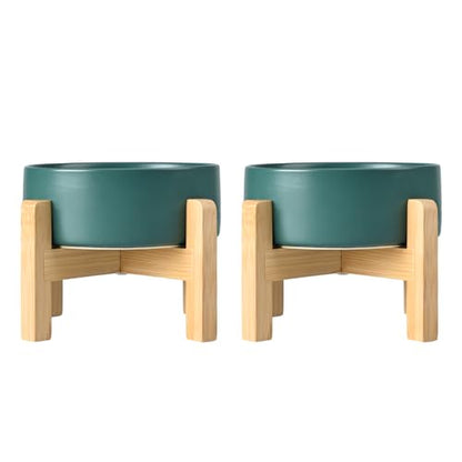 SPUNKYJUNKY Ceramic Elevated Dog Bowls 2 Pack - 8.3inch Raised Dog Bowls with Non-Slip Wooden Stand for Large Dogs Dishwasher Safe(Green,60OZ*2) - color: Green, size: Large - 7.6 CUPS*2