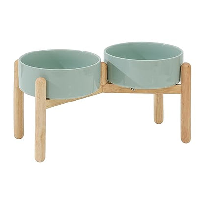 Havniva 8.3inch Ceramic Raised Dog Bowl with Stand, Double Dog Bowls Elevated for Large Breed Dog Food and Water Bowl Set Non-Slip Dog Dish Large Capacity Feeding Pet Water Bowl - color: 2 Bowls+Stand - Light Green, size: 8.3inch