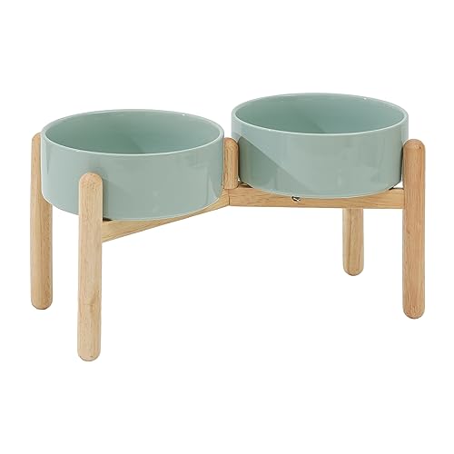 Havniva 8.3inch Ceramic Raised Dog Bowl with Stand, Double Dog Bowls Elevated for Large Breed Dog Food and Water Bowl Set Non-Slip Dog Dish Large Capacity Feeding Pet Water Bowl - color: 2 Bowls+Stand - Light Green, size: 8.3inch