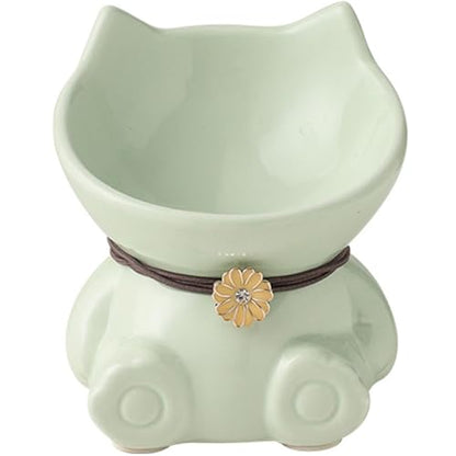 Disoza Ceramic Raised Cat Bowls for Indoor Cats 5.8 Inch Green Cute Elevated Food Bowls 15° Tilted Whisker Friendly Water Bowl Dishwasher Safe Puppy Feeding Set Supplies Dog Accessories - color: Green Cute Elevated Cat Food Bowls