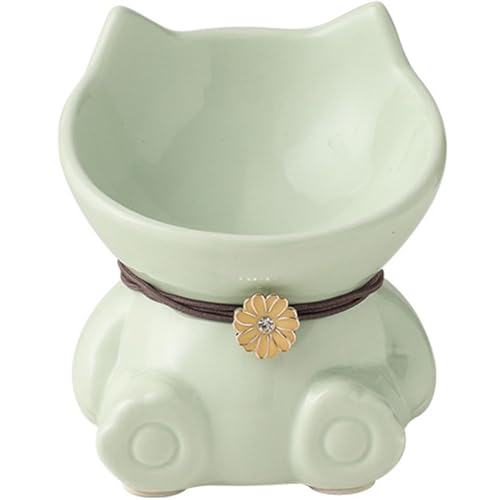 Disoza Ceramic Raised Cat Bowls for Indoor Cats 5.8 Inch Green Cute Elevated Food Bowls 15° Tilted Whisker Friendly Water Bowl Dishwasher Safe Puppy Feeding Set Supplies Dog Accessories - color: Green Cute Elevated Cat Food Bowls