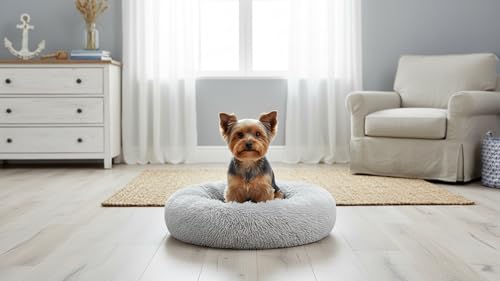 The Dog’s Bed Calming Donut Dog Bed, Plush Faux Fur Round Cuddler Nest – CertiPUR-Certified Foam, One-Piece Design, Raised Bolster – Silver Grey, Small 23"