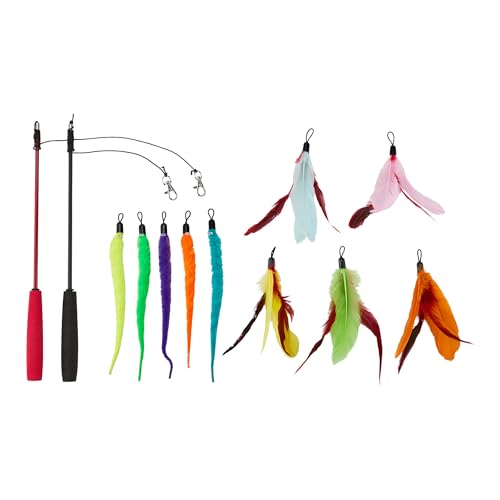 Amazon Basics Cat Feather Toy Kit with 2 Telescoping Wands and 10 Feather Attachments, Natural Feathers, for Adult Cats and Kittens - style: Cat feather toy kits