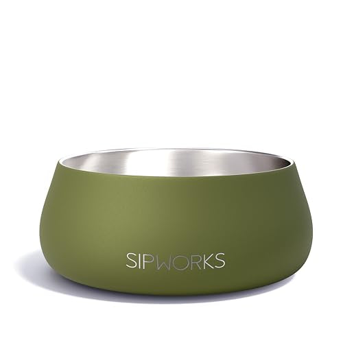 Sipworks Stainless Steel Dog Bowl – 32oz Weighted Metal Food and Water Bowls for Dogs and Cats with Non-Slip Base - Pet Bowls for All Breeds Sizes for Travel & Outdoor Play | OIive - color: OIive