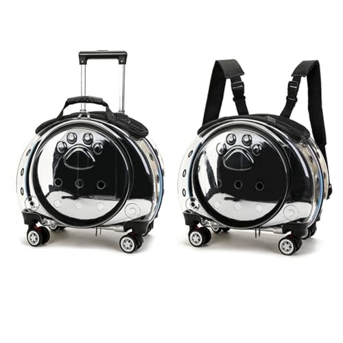 Cat Carrier with Wheels, Transparent Bubble Cat Carrier with Ventilation Holes and Telescopic Handle, 2 in 1 Design, Pet Trolley & Backpack, Portable Dog Crate for Traveling, Walking Black - color: Black