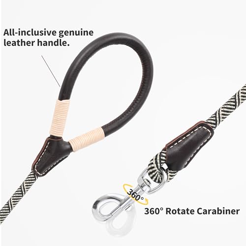 Mile High Life Dog Leash, Rope Leash with Genuine Leather Handle and Heavy Duty Metal Clasp, Great for Small Medium Large Dogs (Black Beige, 4FT) - color: Leather Handle-Black Beige, size: 48 Inch-1/2"