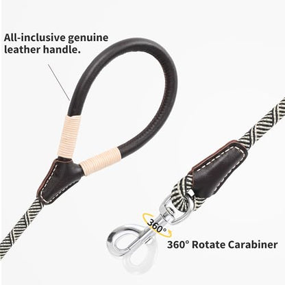 Mile High Life Dog Leash, Rope Leash with Genuine Leather Handle and Heavy Duty Metal Clasp, Great for Small Medium Large Dogs (Black Beige, 4FT) - color: Leather Handle-Black Beige, size: 48 Inch-1/2"
