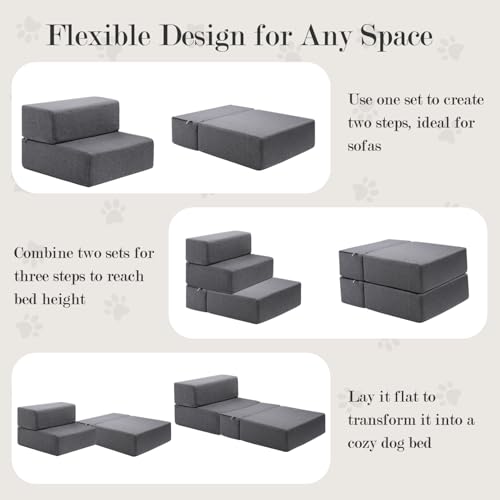 Dog Stairs for Small Dogs 12" H, Modular 2-Step Dog Steps for Bed and Couch, Non-Slip Indoor Pet Stairs for Cats, Pet Step with Washable Cover Grey - size: 2-Step 18"D x 16"W x 12"H