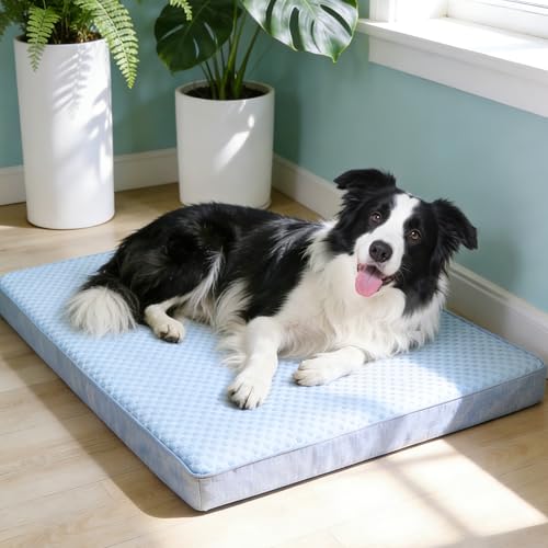 Cooling Dog Bed for Large Dogs, Orthopedic Memory Foam Pet Bed for Crate with Removable Washable Cover,Ideal for Arthritic Dogs (Cooling Fabric, Large-35"x 22" x 3") - color: Blue, size: Large-35"x 22" x 3"