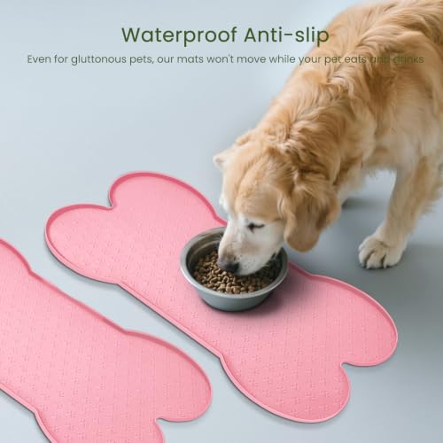 PWTAA Dog Food Mat Anti-Slip Silicone Dog Bowl Mat Thicker Pet Placemat Waterproof Cat Feeder Pad with Raised Edge Puppy Kitten Feeding Mats Suitable Small Medium-Sized Dogs Cats Eating Tray - 2PCS - color: Pink, size: 19.4" x 9.8"-2PCS