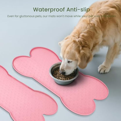 PWTAA Dog Food Mat Anti-Slip Silicone Dog Bowl Mat Thicker Pet Placemat Waterproof Cat Feeder Pad with Raised Edge Puppy Kitten Feeding Mats Suitable Small Medium-Sized Dogs Cats Eating Tray - 2PCS - color: Pink, size: 19.4" x 9.8"-2PCS