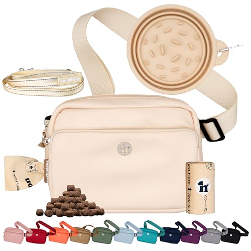 Puppington 3-in-1 Crossbody Dog Treat Pouch for Pet Training - Compostable Poop Bags, Built-In Poop Bag Dispenser, Slow-Feeding Travel Dog Bowl & Reflective Leash - Dog Walking Bag (Vanilla Cream) - color: Vanilla Cream