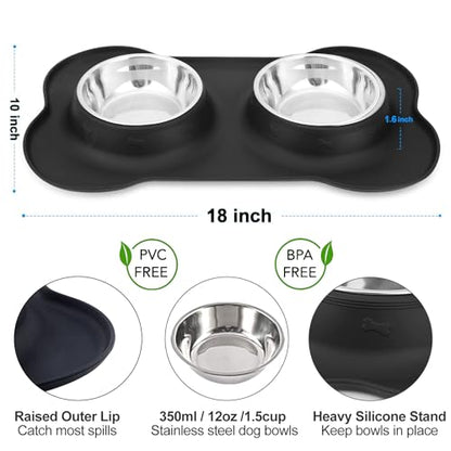 AsFrost Dog Food Bowls Stainless Steel & Water Dish with No-Spill and Non-Skid, Feeder Bowls with Dog Food Dish for Small Medium Large Size,Dogs,Cats,Puppy Pets, Black, 12oz - color: Black, size: 1½ Cup/12 oz each