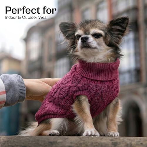 Parisian Pet Dog Sweaters - Pull Over, Turtle Neck Dog Sweater - Cable Knit Raspberry Thick Pet Sweater - Fall, Winter Pet Clothes - Flexible Arm Holes Sweater - XS