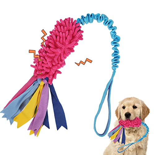 Wodoca Dog Tug Toy - Aggressive Chewer Rope Toy with Strong Squeak, Ideal for Large Dogs, Easy to Clean, Hand Made - color: Red Chenille, Blue Webbing