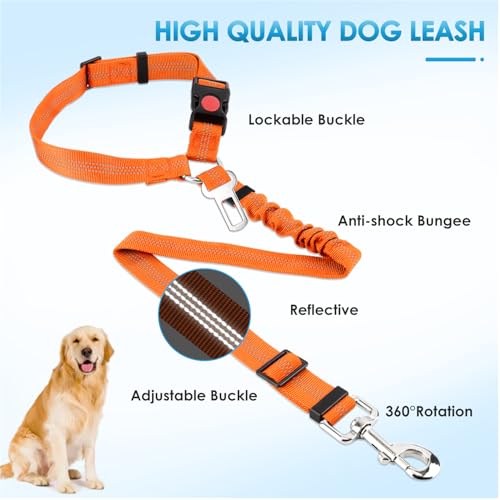 Lukovee Dog Seatbelt Leash for Cars, 2 Pack Pet Safety Car Seat Belt with Adjustable Buckle & Reflective Bungee, Connect Dog Harness in Vehicle Car Dogs Restraint Travel Daily Use (Orange) - color: Orange