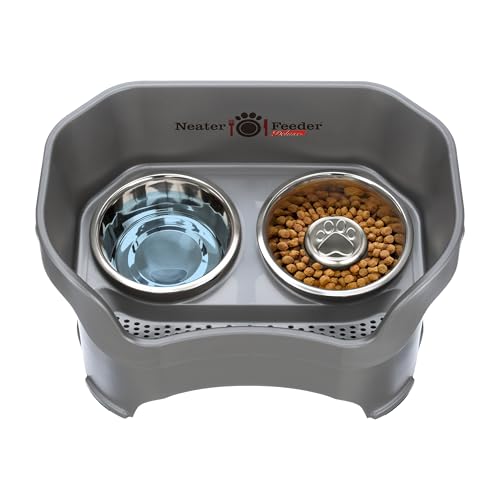 Neater Feeder Deluxe Mess Proof Dog Bowls Elevated for Large Breeds – Made in USA – No Spill Raised Slow Feeder Elevated Dog Bowl Stand, Stainless Steel Food and Water Bowl Set, Grey - color: Gunmetal Grey, size: Large with Slow Feed Bowl