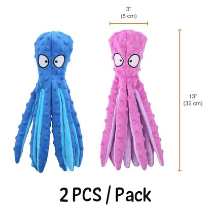 Vila Octopus Dog Plush Toy, No-Stuffing Body with Crinkle Tentacles and Squeaker Head, Soft Polyester for Light to Moderate Chewers, Washable and Durable Pet Companion, Blue & Purple, 2 Pcs. per Pack