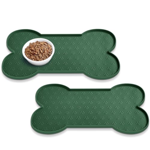 PWTAA Dog Food Mat Anti-Slip Silicone Dog Bowl Mat Thicker Pet Placemat Waterproof Cat Feeder Pad with Raised Edge Puppy Kitten Feeding Mats Suitable Small Medium-Sized Dogs Cats Eating Tray - 2PCS - color: Hunter Green, size: 19.4" x 9.8"-2PCS
