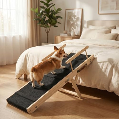 Wooden Dog Ramp for Bed – Folding Pet Ramp for Couch | Collapsible Wooden Pet Ramp, 4 Adjustable Heights, Non-Slip High Traction Fabric Surface, Portable Solid Pine Wood Steps - size: Medium