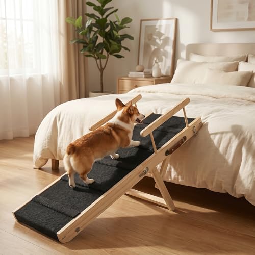 Wooden Dog Ramp for Bed – Folding Pet Ramp for Couch | Collapsible Wooden Pet Ramp, 4 Adjustable Heights, Non-Slip High Traction Fabric Surface, Portable Solid Pine Wood Steps - size: Medium