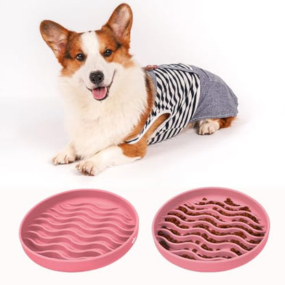 Slow Feeder Dog Bowls, Silicone Food Bowl Anti-Gulping, Pets Puppy Slow Feeder with Suction Cups, Dishwasher Microwave Safe for All Small Medium Dogs, Wave Design Pink - color: pink