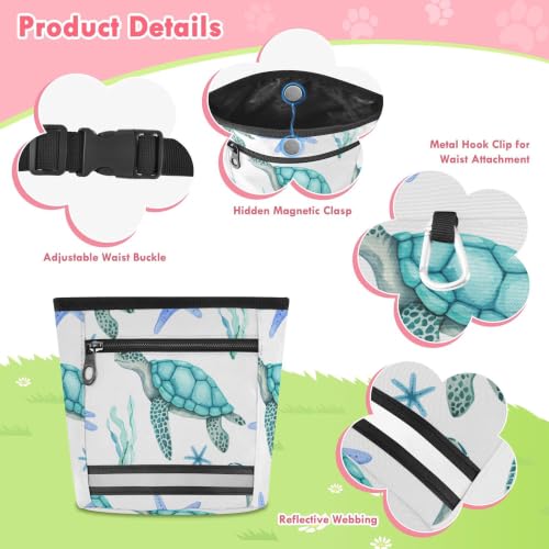 Turtle Water-Resistant Dog Treat Pouch, 3 Ways to Wear Treat Bag with Magnetic Closure & Reflective Strip, Hands-Free for Pet Training, Walking