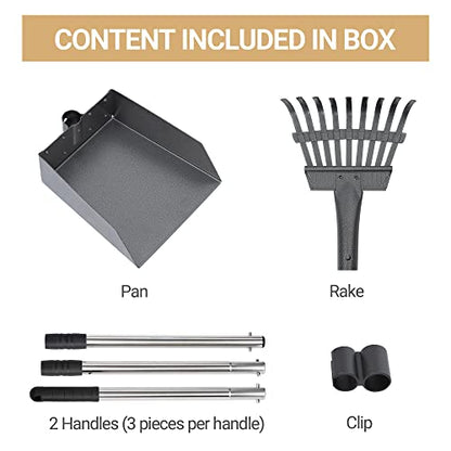 Heeyoo Dog Pooper Scooper, Dog Poop Tray and Rake Set, Pet Waste Removal Scoop with Long Adjustable Sectional Stainless Handles - color: Silver/Black