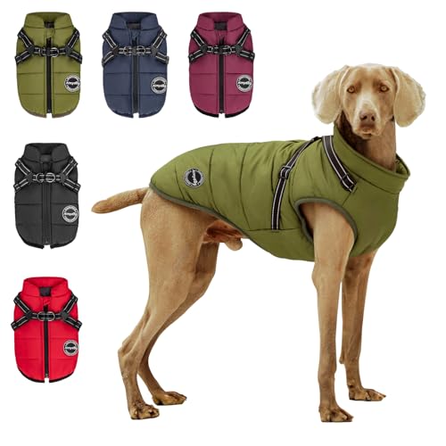 Warm Dog Winter Coat, Dog Cold Weather Jacket with Built-in Harness, Reflective & Adjustable Comfortable Pet Vest, Windproof Apparel for Small Medium Large Dogs (Green) - color: Green, size: Large
