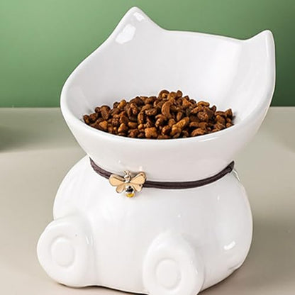 Disoza Ceramic 5.8 Inch White Cute Elevated Food Bowls Raised Cat Bowls for Indoor Cats 15° Tilted Whisker Friendly Water Bowl Dishwasher Safe Puppy Feeding Set Supplies Dog Accessories - color: #B White Elevated Cute Cat Food Bowl