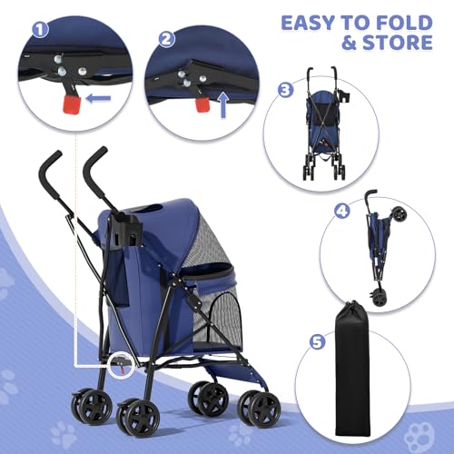 Magshion Compact Pet Stroller for Small-Medium Dogs/Cats up to 22lbs, 4-Wheel Lightweight Umbrella Shaped Portable Puppy Travel Jogger with Breathable Mesh, Cup Holder & Rear Storage, Navy Blue - color: Navy Blue, style: Up to 22 lbs