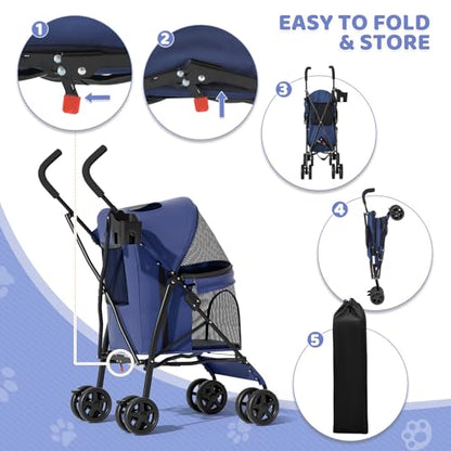 Magshion Compact Pet Stroller for Small-Medium Dogs/Cats up to 22lbs, 4-Wheel Lightweight Umbrella Shaped Portable Puppy Travel Jogger with Breathable Mesh, Cup Holder & Rear Storage, Navy Blue - color: Navy Blue, style: Up to 22 lbs