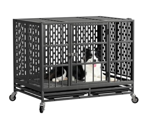 Snuowu 42 Inch Heavy Duty Dog Crate with Wheels, Folding Metal Big Dog Cage for Large and Medium Dogs, Extra Large XL XXL Indestructible Dog Crate with Removable Tray. - size: 41.3"L x 29.0"W x 32.0"H