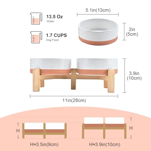 SPUNKYJUNKY Elevated Dog Bowls Ceramic, 5.1'' Dogs and Cat Food Water Bowls Raised with Non-Slip Bamboo Stand for Puppy Small Sized Breed Microwave Dishwasher Safe - 13.5 OZ,Pattern White - color: Pattern White, size: 5.1 in - 1.7 cups