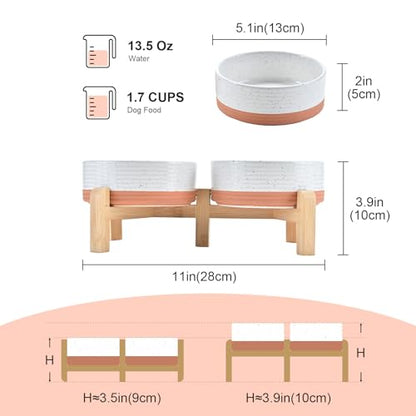 SPUNKYJUNKY Elevated Dog Bowls Ceramic, 5.1'' Dogs and Cat Food Water Bowls Raised with Non-Slip Bamboo Stand for Puppy Small Sized Breed Microwave Dishwasher Safe - 13.5 OZ,Pattern White - color: Pattern White, size: 5.1 in - 1.7 cups