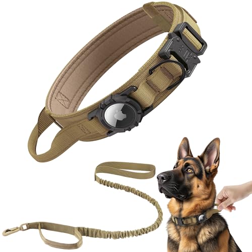 Tactical AirTag Dog Collar Leash Set - Heavy Duty, Adjustable GPS Collar Compatible with Apple AirTag, with Holder & Control Handle for Medium/Large Dogs [ Brown, L ] - color: Brown-SET, size: L(16.5"-20.5")