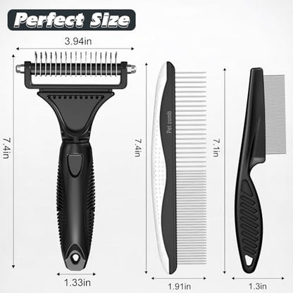 3PCS Pet Grooming Rake & Metal Comb & Flea Comb for Cats and Dogs, Double-Sided Dematting Tool, Extra-Wide Deshedding Dog Brush for Long Hair to Effectively Remove Tangles, Knots and Mats (Black) - color: B-Black