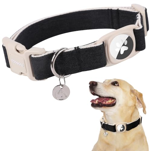 DOGWONG Airtag Cotton Hemp Dog Collar, Heavy-Duty Dog Collar with Airtag Holder Black Natural Fabric Pet Cute Puppy Necklace for Small Medium Large Dogs - color: Black, size: Extra Small