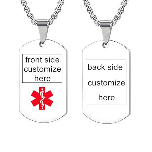 Personalized Medical Alert Necklace Laser engraved ID Tag Custom Engraving Stainless Steel Dog Tag Pendant for Men Women - color: Sliver